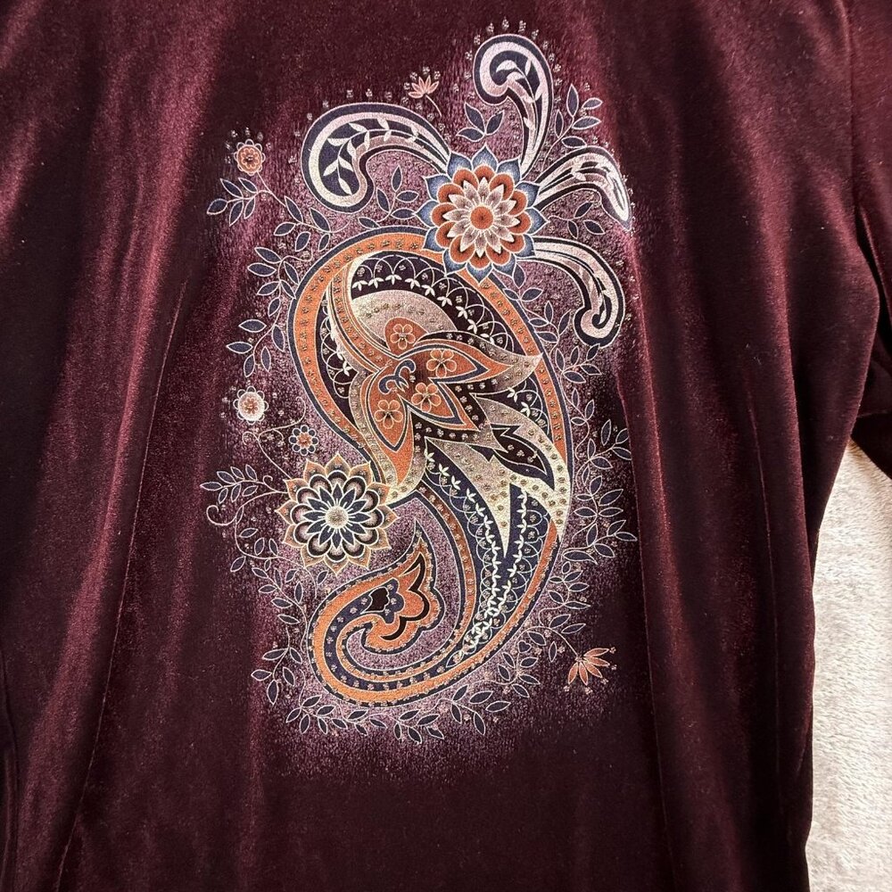 Vintage Casual Land Shirt Women One Size Red Paisley Velour Slit Sleeve Boho Top - Picture 12 of 16